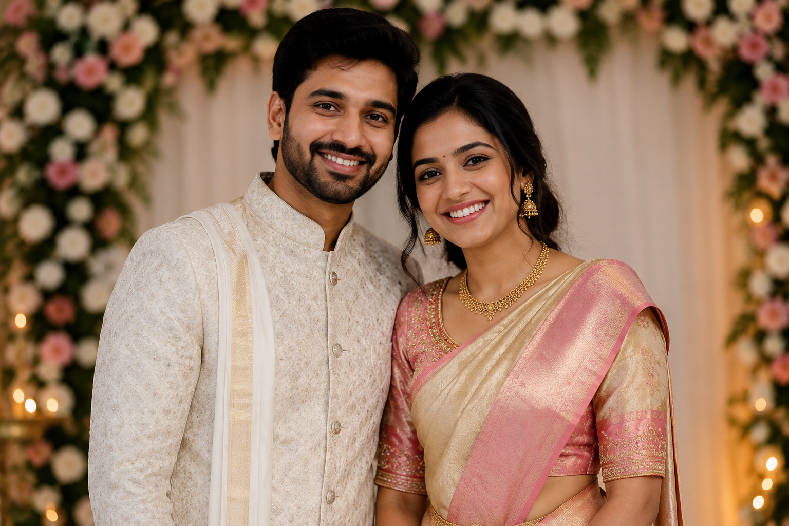 Indian couple smiling together in front of a floral arch backdrop