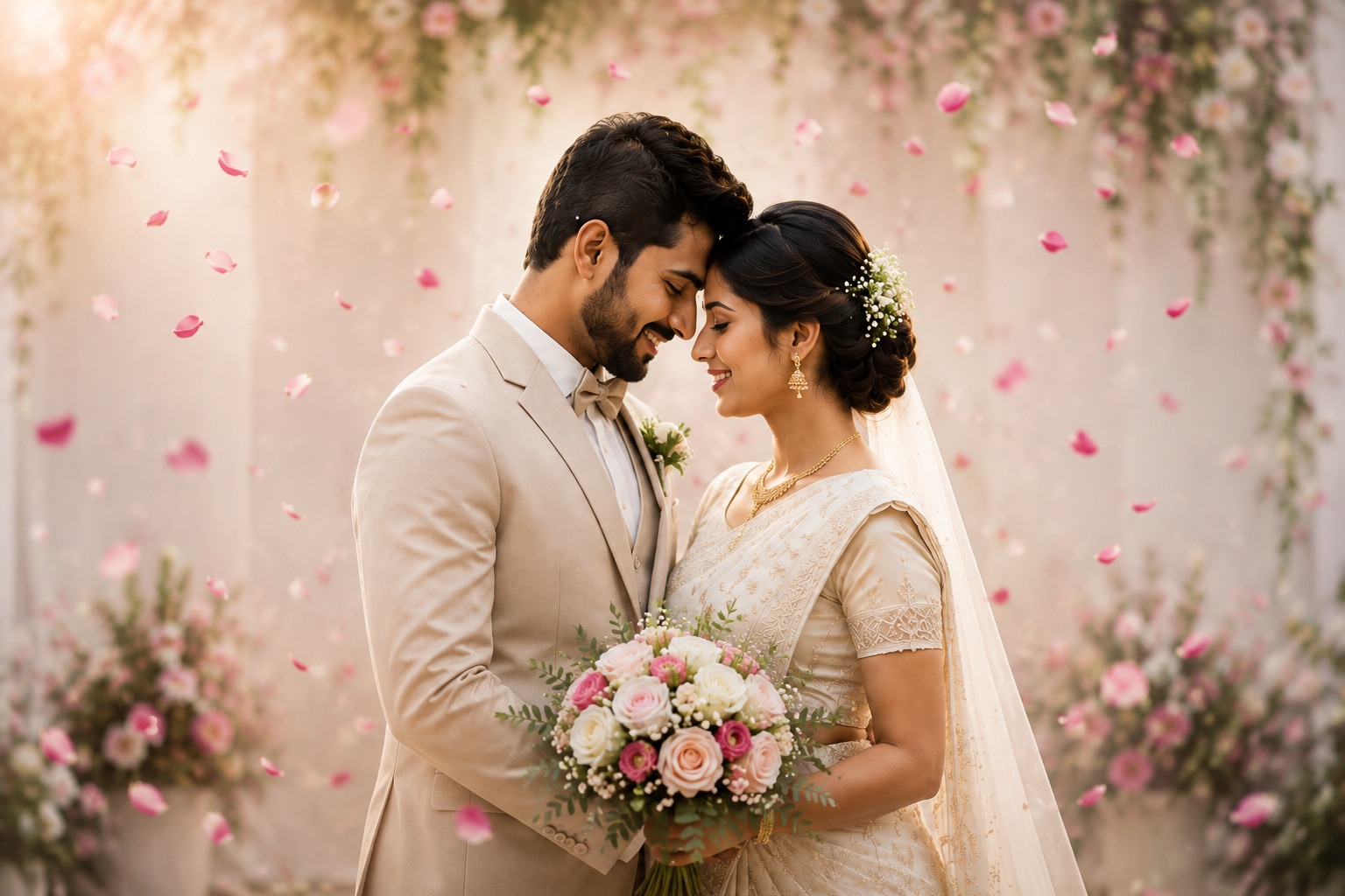 Bride and groom smiling, foreheads together, holding a bouquet, under falling pink and white flower petals