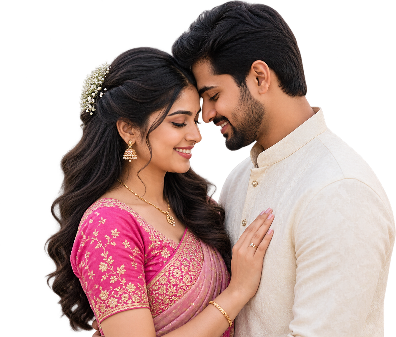 Bride and groom, foreheads touching, smiling