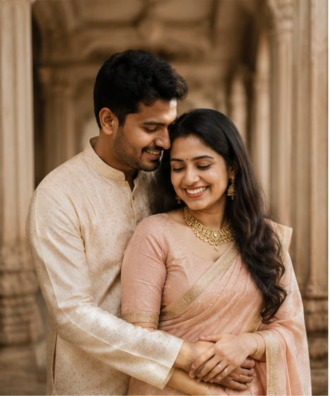 Arjun and Priya, a couple embracing in a sandstone palace corridor