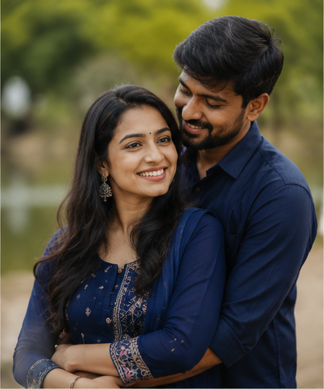 Rohit and Ananya, a couple embracing outdoors by a lake
