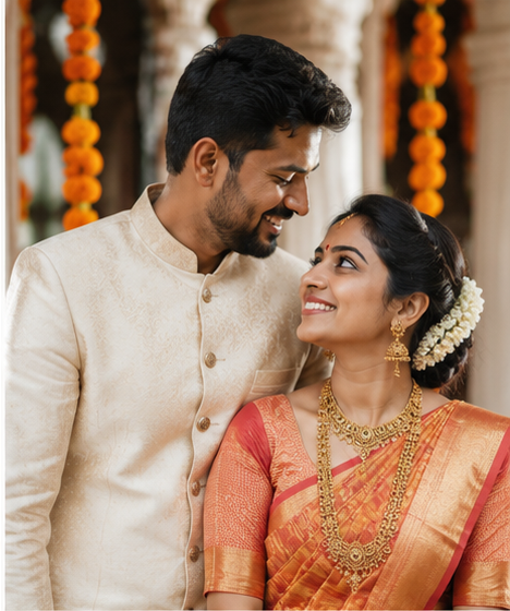 Vikram and Sneha, a couple embracing amid marigold garlands