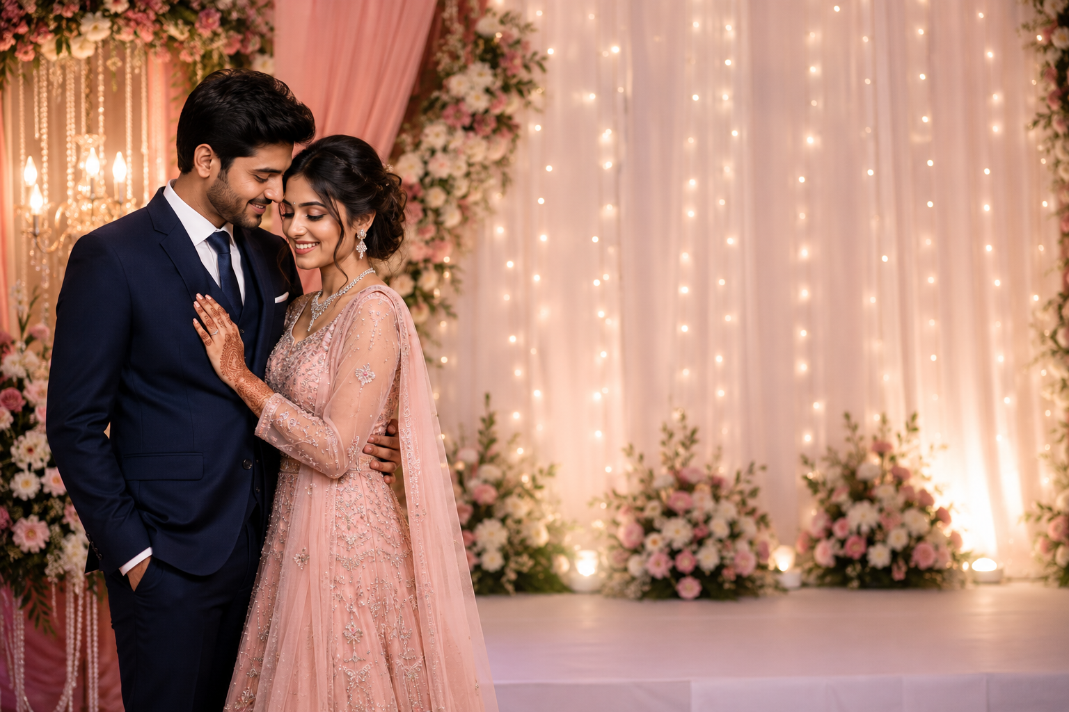 Indian couple embracing at an elegantly lit wedding stage with floral drapes and a fairy-light backdrop