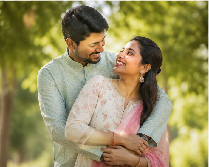 Indian couple embracing under trees in a sunlit park